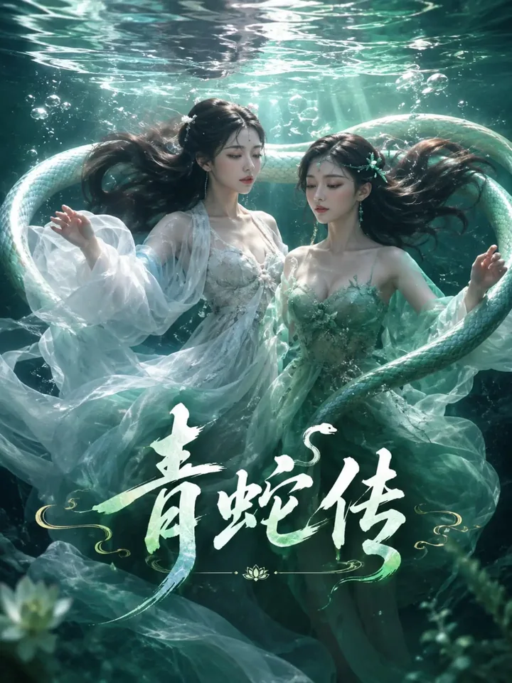 原创漫剧《青蛇传》封面，青蛇与白衣女子在水下