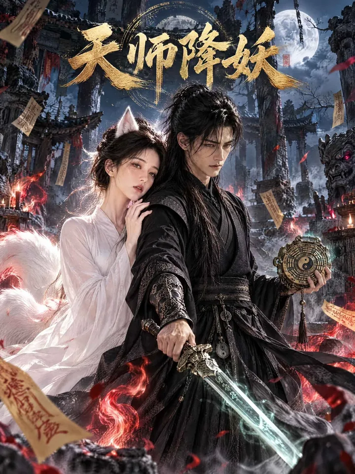 AI 短剧《天师降妖》封面，古装男女持剑