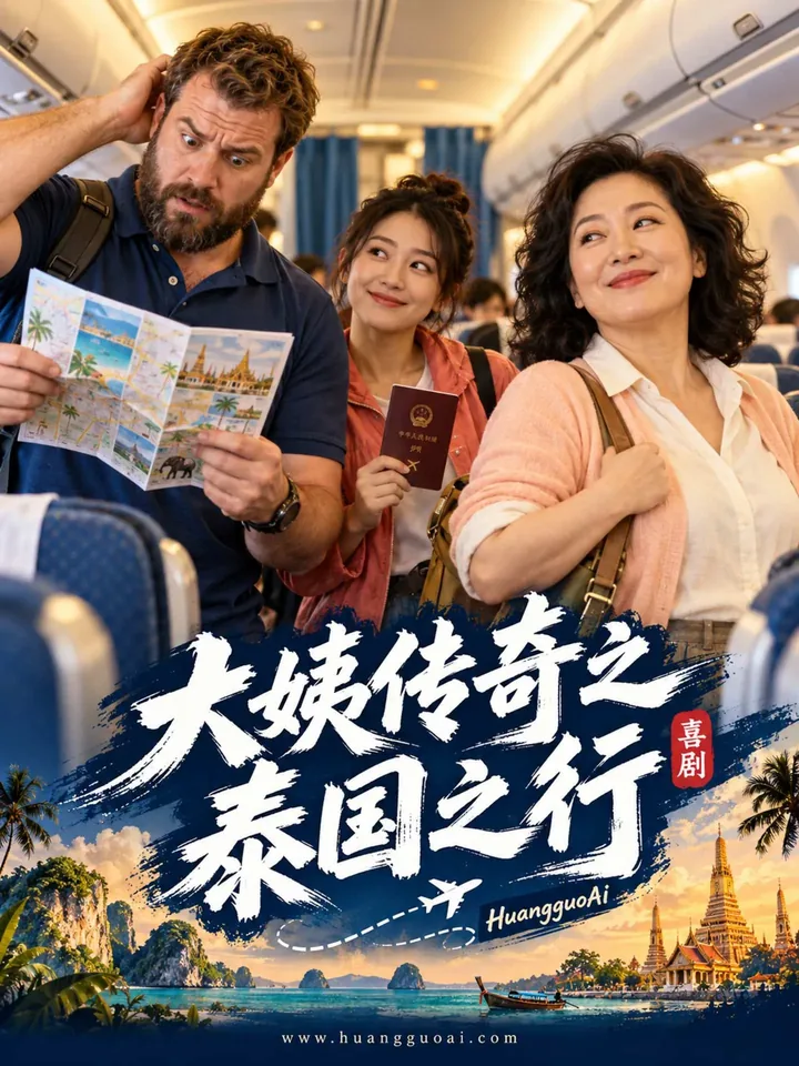 短剧《大姨传奇之泰国之行》封面，飞机上的三人