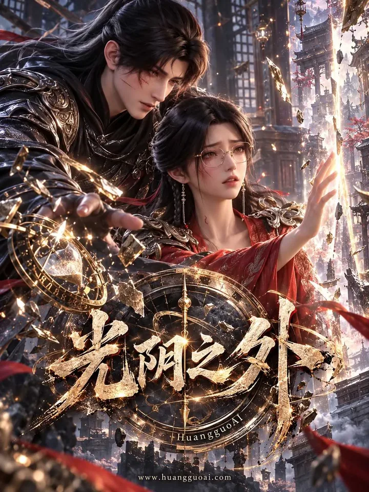 短剧《光阴之外》封面，奇幻男女站在金色罗盘前